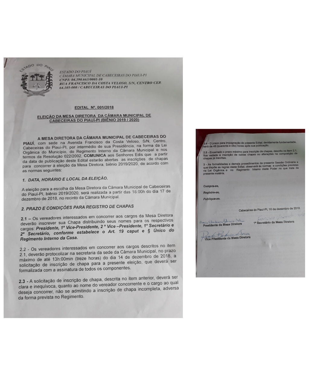 EDITAL - ELEIÇÃO  DA MESA  DIRETORA  DA CÂMARA MUNICIPAL DE CABECEIRAS DO PIAUÍ- BIÊNIO  2019/2020