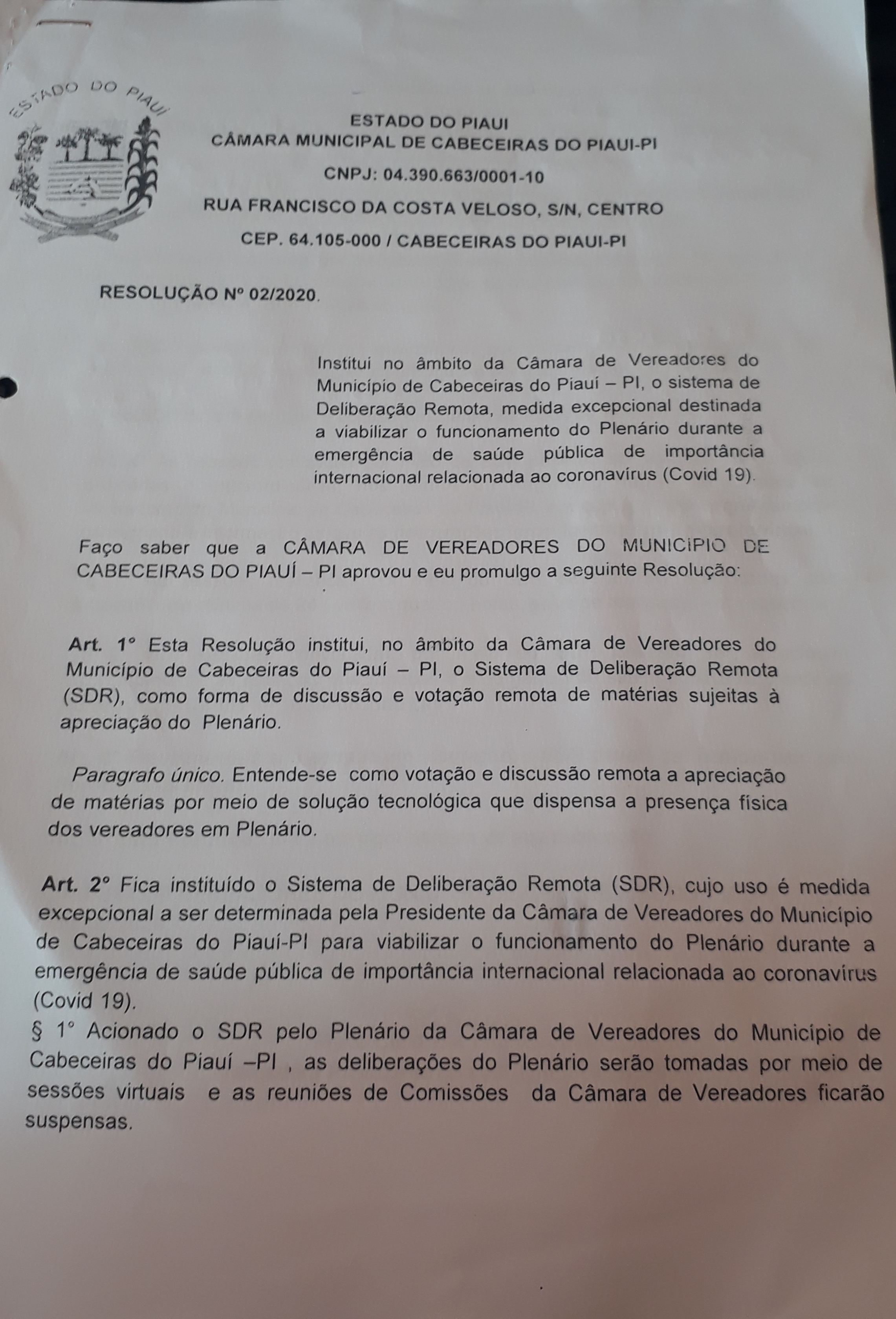 APROVADA RESOLUÇÃO N° 02/2020
