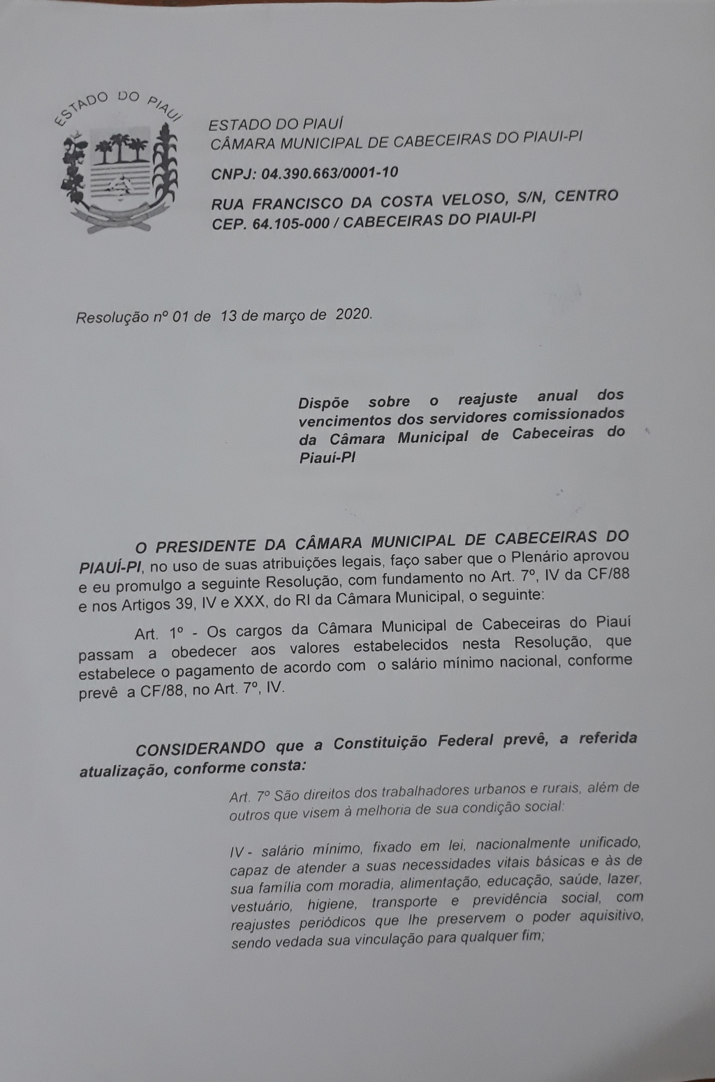 APROVADA RESOLUÇÃO 01/2020 DA CÂMARA MUNICIPAL DE CABECEIRAS DO PIAUÍ -PI.